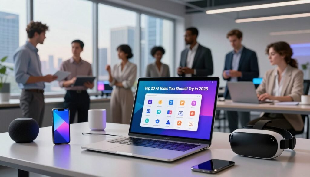 A modern, sleek workspace showcasing the "Top 20 AI Tools You Should Try in 2026." In the foreground, a high-tech laptop displaying a vibrant dashboard with colorful icons representing various AI tools. Surrounding the laptop are stylish gadgets like a smartphone, smart speakers, and VR headset. The middle ground features a diverse group of professionals dressed in business attire, actively discussing and interacting with the AI tools, embodying a collaborative atmosphere. In the background, large windows reveal a futuristic cityscape bathed in natural light, symbolizing innovation and growth. The overall mood is energetic and forward-thinking, illuminated by soft, ambient lighting that enhances the tech-savvy vibe, with a focus on creativity and discovery.