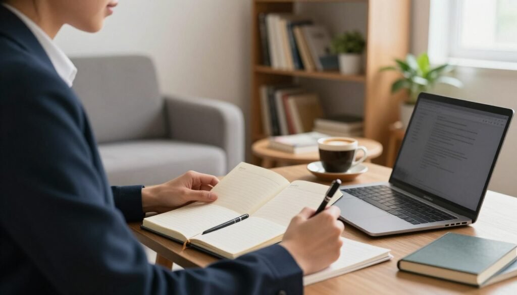 A tranquil workspace scene focused on an individual developing daily habits. In the foreground, a person dressed in professional business attire is thoughtfully journaling, surrounded by tools of productivity such as a planner, pens, and a laptop. In the middle ground, a cozy armchair and a small table with a cup of coffee signify comfort and mindfulness in routine-building. The background features a well-organized bookshelf filled with personal development books and plants, enhancing a serene atmosphere. Soft, natural light filters through a nearby window, casting gentle shadows and creating an inviting feel. The overall mood is calm, reflective, and inspiring, encapsulating the essence of habit formation and productivity enhancement.